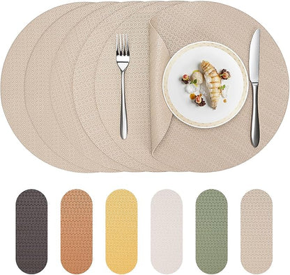 Round Faux Leather Placemats Set of 6 – 13 Inch Vinyl Mats, Heat Resistant, Non Slip, Wipeable & Washable, Easy to Clean Dining Table Decor for Kitchen & Holiday Gatherings（Light Taupe）