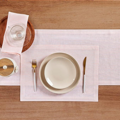 Solino Home Linen Table Runner 120 Inches Long - Narrow Stripe, 100% Pure Linen Peach and White Table Runner 14 x 120 Inch for Dining, Valentines, Spring, Easter