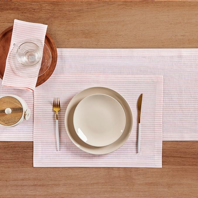 Solino Home Linen Table Runner 90 Inches Long - Narrow Stripe, 100% Pure Linen Peach and White Farmhouse Table Runner 14 x 90 Inch for Dining, Valentines, Spring, Easter