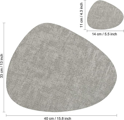 Placemats and Coasters, Washable Reversible Placemats Round Faux Leather Wipeable Place Mats Non Slip Heat Resistant Indoor Outdoor Table Mats (Set of 4, Gray Blue)