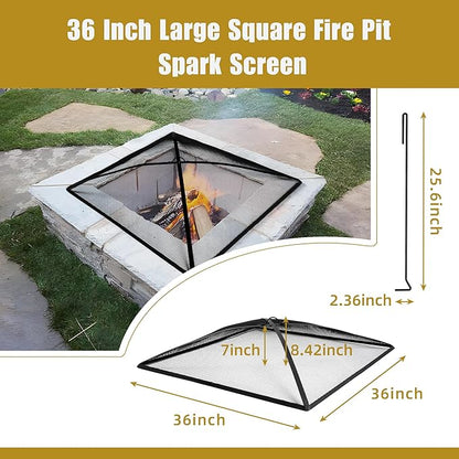 WeCooper Heavy Duty Fire Pit Spark Screen Cover,36in Steel Mesh Square Fire Pit Screen, FirePit Ember Guard with FirePit Poker