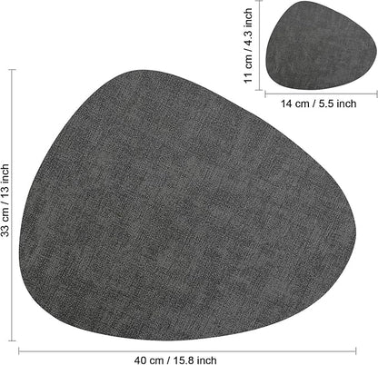 Placemats and Coasters, Washable Reversible Placemats Round Faux Leather Wipeable Place Mats Non Slip Heat Resistant Indoor Outdoor Table Mats (Set of 4, Gray Black)