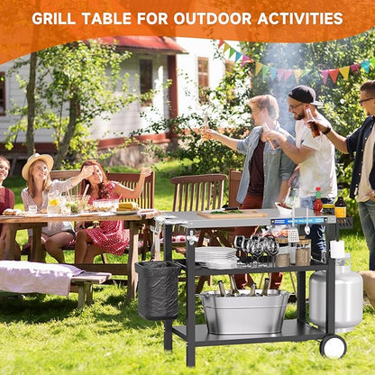 Grill Table, Stainless Steel Grill Cart with Three-Shelf, Movable Pizza Oven Table with Side Tray ＆ Trash Bag Holder, Outdoor Grill Stand with Hooks for Food Prep, Outside Tailgating, Camping