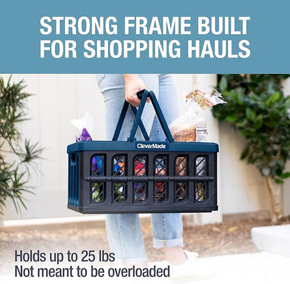 CleverMade Collapsible Shopping Basket, Ocean, 3PK - 24L (6 Gal) Reusable Plastic Grocery Shopping Baskets, Holds 25lbs Per Basket - Small Foldable Storage Crates with Handles