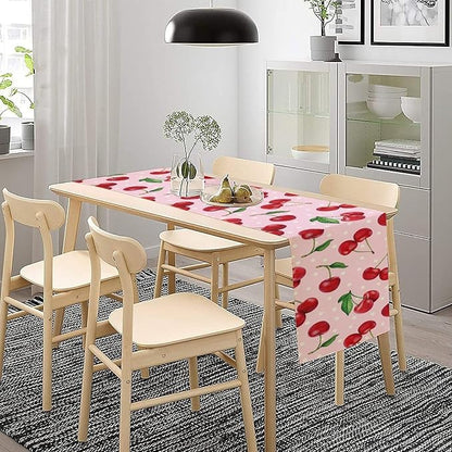 Red Cherry Table Runner, Tropical Fruit Polka Dot Print Table Runner for Birthday Party Dining Room Home Kitchen 13x36in