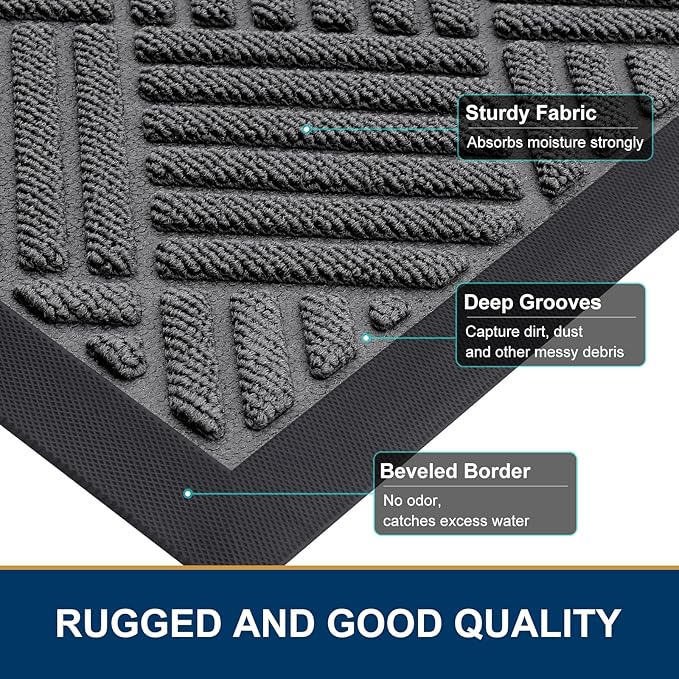 Smiry Front Door Mat Outside Entrance, Heavy Duty Outdoor Indoor Natural Rubber Doormat, Non Slip, Trap Dirt and Moisture, Easy Clean, Low Profile Patio Porch Entryway Mat, 59x20, Grey