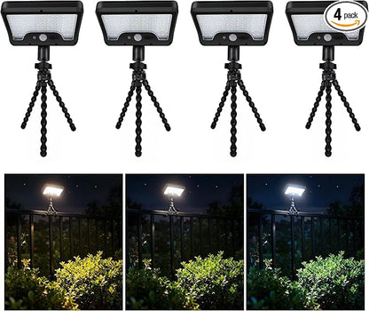 Solar Motion Sensor Outdoor Lights with Flexible Octopus Tripod, 600LM Lights with AC/DC Wired, IP65 Waterproof Adjustable Fixture Black for Camping Outside [4-Pack]