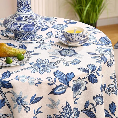 Vintage French Linen Round Tablecloth,Blue and White Floral Wrinkle Free Tablecloths,Decorative Table Cover for Kitchen,Dining,Tea Party,Thanksgiving,Christmas,Diameter 67"-Suqing