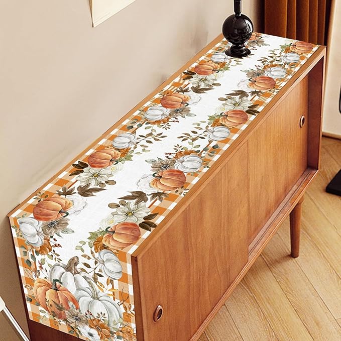 Fall Table Runner, Farmhouse Autumn Pumpkin Harvest Orange Buffalo Plaid Thanksgiving Rustic Coffee Table Center Decor for Home Kitchen Dining Patio Holiday Party Indoor Outdoor, 13"x90" Inch