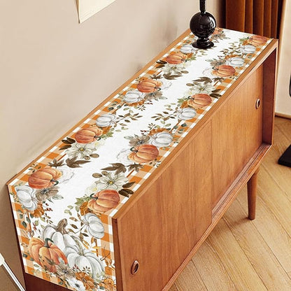 Fall Table Runner, Farmhouse Autumn Pumpkin Harvest Orange Buffalo Plaid Thanksgiving Rustic Coffee Table Center Decor for Home Kitchen Dining Patio Holiday Party Indoor Outdoor, 13"x90" Inch
