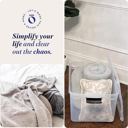 HOMZ 2-Pack Latching Lid, Large Clear Plastic Storage Bins with Lids, 66 Quart, Gray Latch - Stackable Container Boxes for Home, Bathroom, and Office Organization