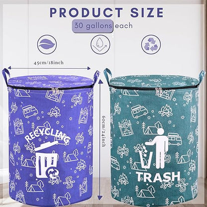 2 Pcs 30 Gallon Collapsible Trash Can Portable Waterproof Reusable with Zippered Lid for RV's, Camping, Recycling, Yard Waste, Leaf Bag, Children Toy Bin (Trash and Recycling)