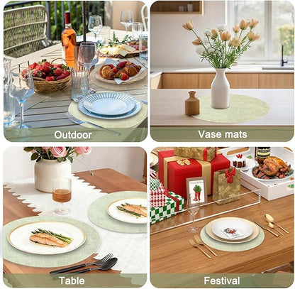Round Faux Leather Placemats and Coasters, Set of 8, Reversible Heat Resistant Non-Slip Table Mats, Waterproof Wipeable Place Mats for Dining Table, Washable for Indoor & Outdoor (8, Light Green)