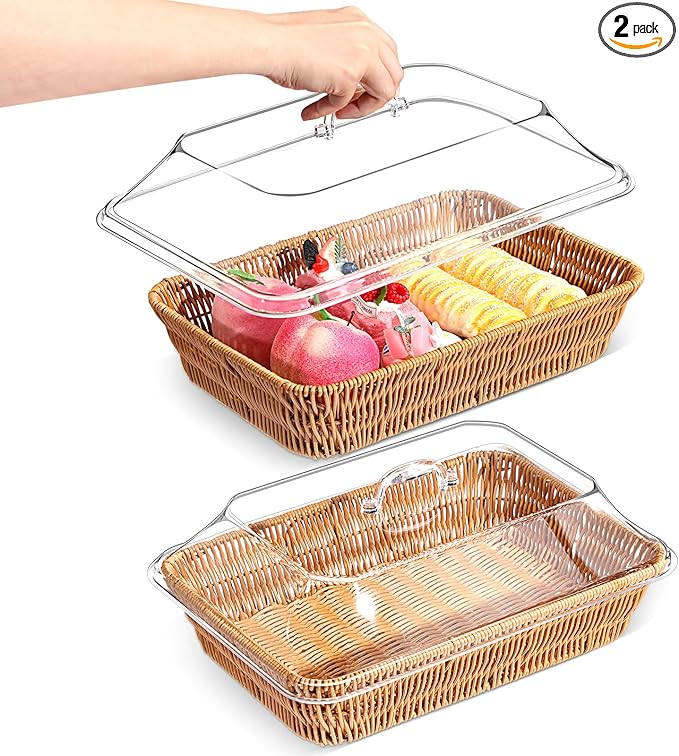 2 Set Wicker Bread Basket for Serving with Acrylic Lid Imitation Rattan Bread Basket Woven Rectangular with Cover for Fruit Food Display Party Easter Picnic(13.78" X 9.84")