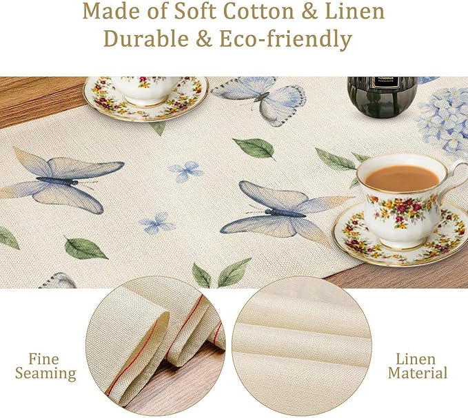 Spring Hydrangea Table Runner, Summer Moth Watercolor Sky Blue Butterfly Flowers Rustic Farmhouse Garden Print Table Cover for Kitchen Dining Room Table Home Party Decor,13x70inch