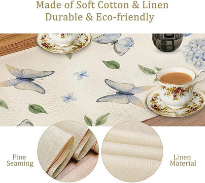 Spring Hydrangea Table Runner, Summer Moth Watercolor Sky Blue Butterfly Flowers Rustic Farmhouse Garden Print Table Cover for Kitchen Dining Room Table Home Party Decor,13x60inch