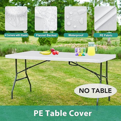 LUSHVIDA 6 Packs Vinyl Tablecloths with Flannel Backing for 8ft Rectangle Folding Table Cloths - Waterproof Plastic Picnic Table Covers with Elastic Corners, 30x96 inch, White