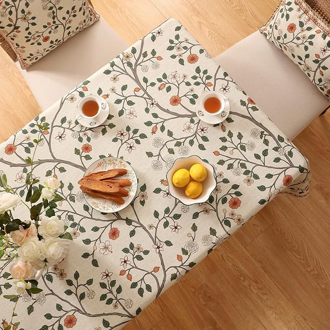 ISAENNE Designer Floral Table Cloth Rectangle,French Linen Light Beige Indoor Tablecloth,Fall Wrinkle Resistant Decor Tablecloths for Dining Thanksgiving Kitchen Party,55"*87"-Flora A