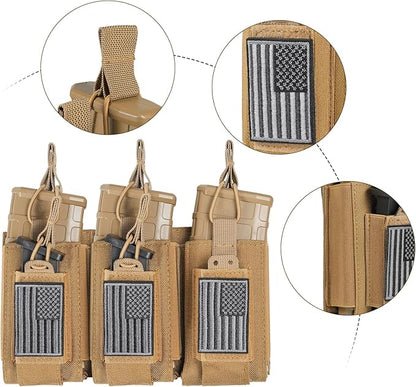 Open-Top Single/Double/Triple Molle Mag Pouch for 5.56mm M4 M16 AK AR Glock M1911 9mm Elastic Rifle Magazines Pistol Mag Pouches Holder Carrier with USA Flag Patch