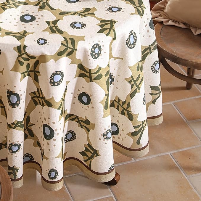 Designer Vintage Round Tablecloth,Linen French Tablecloth with White Floral Pattern,Decorative Table Cover for Kitchen,Dining,Thanksgiving,Tea Party,Diameter 67"-Hidaka