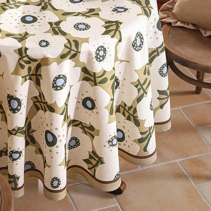 Designer Vintage Small Round Tablecloth,Linen French Tablecloth with White Floral Pattern,Decor Table Cover for Kitchen,Dining,Thanksgiving,Tea Party,Diameter 55"-Hidaka