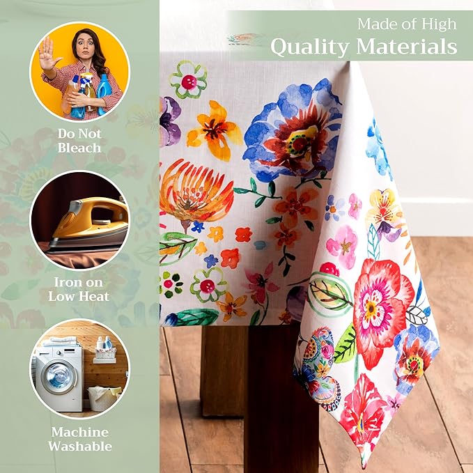Maison d' Hermine Table Cloth Rectangle Table 100% Cotton 70 x 108 Inches Tablecloth Reusable for Dining Room, Farmhouse, Home, Party, Festive & Wedding Spring Summer - Happy Florals - High Summer