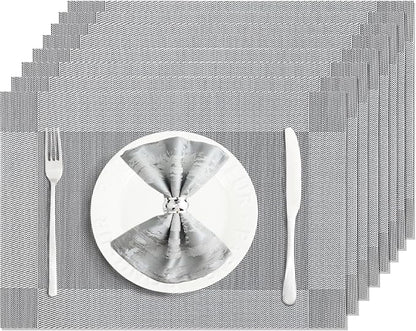 Placemats Set of 8 Washable&Wipeable Silver Place mats for Dining Table Kitchen Indoor Outdoor Table Mats Heat Resistant Non Slip Woven Vinyl Table Placemats (Grey，8PCS)