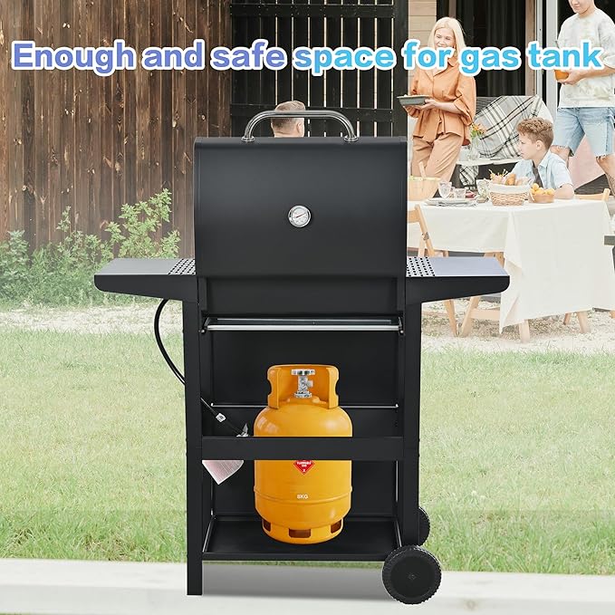 Endark 26,000 BTU 3-Burner Propane Grill with stainless steel design, enamel grates, built-in thermometer, and movable side rack. Ideal for all outdoor cooking