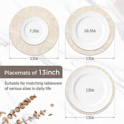 13" Round Placemats Set of 6, Reversible Faux Leather Heat Resistant Table Mats, 100% Waterproof Oilproof Wipeable Table Protective Placemats for Vinyl, Washable for Indoor & Outdoor Use (6, Beige)