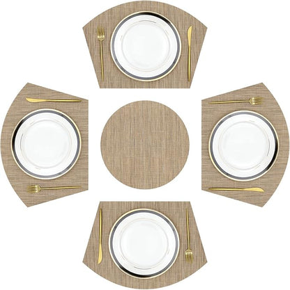 SHACOS Large Size Wedge Placemats with Centerpiece Mat Set of 5, PVC Woven Vinyl Placemats for Round Table Washable Indoor Outdoor Table Mats Reversible Durable, Tan