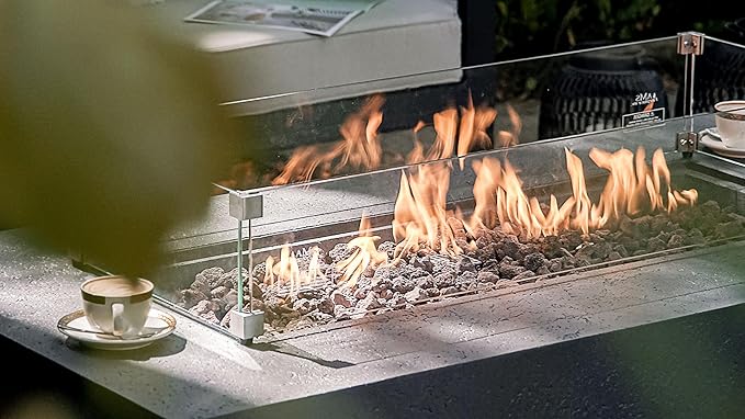 AMS Fireplace | Rectangular Fire Pit Glass Wind Guard for Madison Fire Pit (Light Gray) | Shielded from Patio Heater Flames | Tempered Glass with Polished Edges for Safety | Fire Table Glass Shield