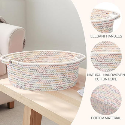 Woven Basket,Small Rope Storage Bin with Handles & Ribbon Bag, Organizer for Shelves Closets,Gift Basket Empty for Birthday,Books,Dog Toys, Colorful/3 Pack