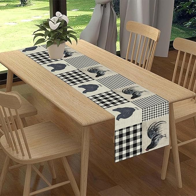 Farmhouse Rooster Table Runner, Vintage Rooster Retro Farmhouse Country Chicken Buffalo Checked Coffee Table Center Decor for Home Kitchen Dining Patio Holiday Party Table Decorations 13"x90"