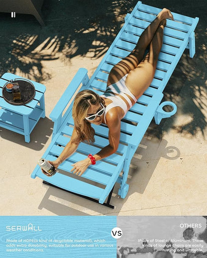 SERWALL Patio Chaise Lounge Chair, 78'' Long HDPE 5 Positions Adjustable Outdoor Lounger, Poly Lounge Chair with Rolling Wheels & Cup Holder for Pool, Light Blue