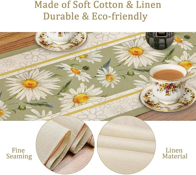 Daisy Flower Table Runner, Summer Watercolor Plants Floral Spring Garden Table Cover for Farmhouse Kitchen Dining Room Party Picnic Table Decor, 13x70inch