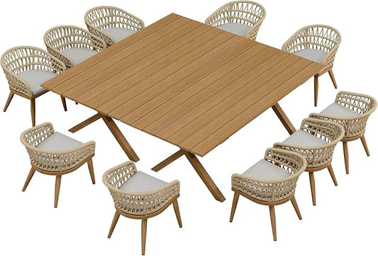 PURPLE LEAF 12 Pieces Outdoor Dining Set All-Weather PE Rattan Outdoor Patio Furniture Set with All Aluminum Frame Rectangular Table and Chairs Set for Lawn Garden Backyard Deck, Teak