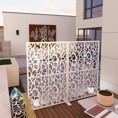 Metal Privacy Screen Room Divider 72" H x 45.3" W, Free Standing Decorative Panel with Bird Design for Indoor Outdoor Use, Black Iron Partition for Patio Balcony Garden (Bird White)