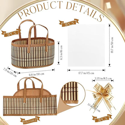 Reallnaive Baskets for Gifts Empty Sturdy Woven Bamboo Gift Basket with Gift Bags and Ribbons for Christmas Thanksgiving Birthday Mothers Day Housewarming Party Gift Wrapping, 12"x 8"x 6"(3 Set)