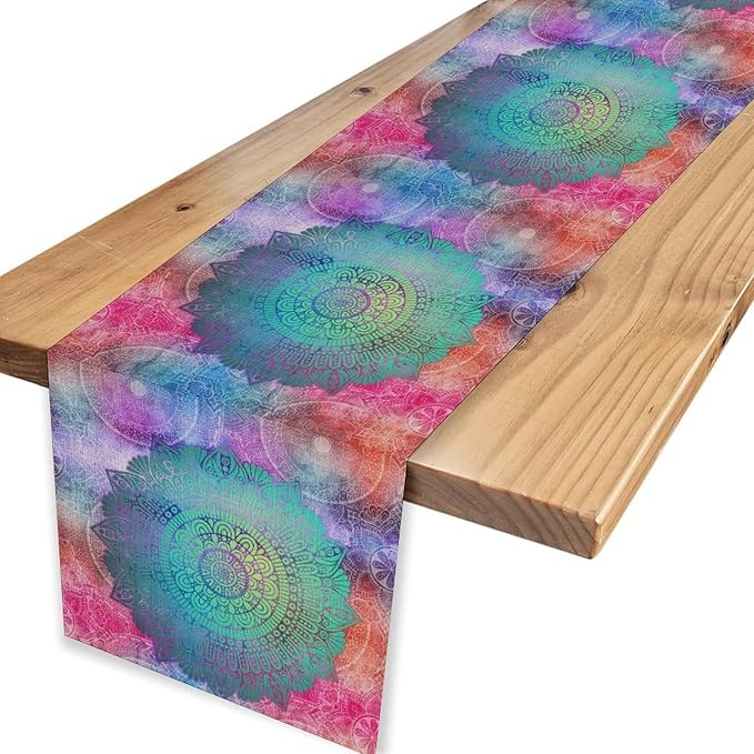 Bohemian Flroal Table Runner, Vintage Colorful Pink Boho Geometric Mandala Flower Paisley Rustic Coffee Table Center Decor for Family Kitchen and Living Room Outdoor Table Decorations, 13"x36"