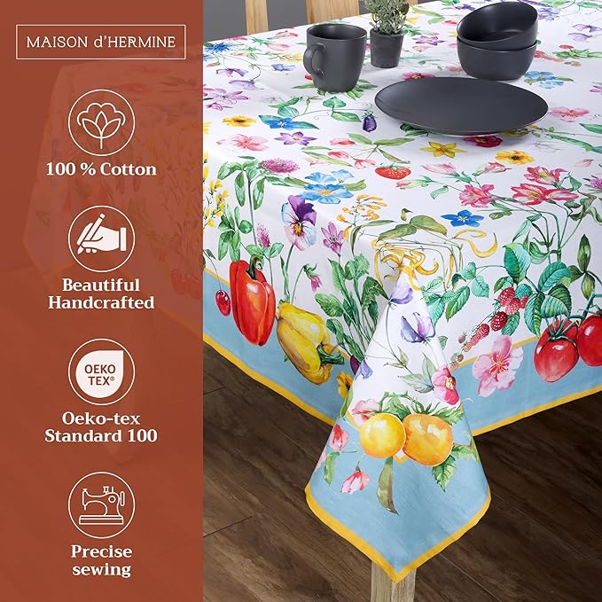 Maison d' Hermine Table Cloth Rectangle Table 100% Cotton 60 x 90 Inches Tablecloth Reusable Decorative Everyday Use for Dining Room, Farmhouse, Home, Party, Festive & Wedding Spring Summer - Giverny