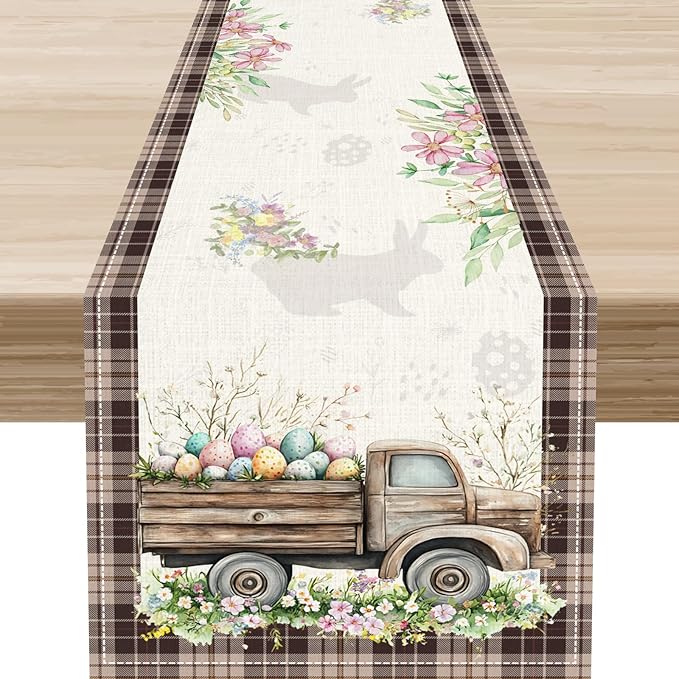 Easter Truck Table Runner,Rustic Brown Plaid Eggs Floral Bunny Spring Summer Holiday Table Center Decor for Family Kitchen and Living Room Outdoor Farmhouse Party Table Decorations, 13"x72"