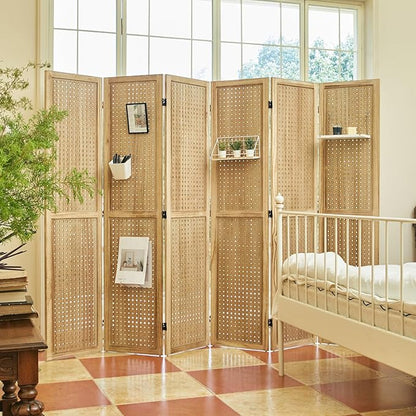 Pegboard Display, 5.6Ft Portable Freestanding Wall Organizer Wooden Room Divider Folding Privacy Screens for Craft Art Display Board (6panels, Natural)