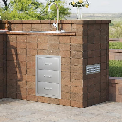 VEVOR Outdoor Kitchen Drawer Cabinets 16" W x 21.5" H x 18" D, BBQ Drawer Stainless Steel, Flush Mount Triple Access, with Handle, BBQ Island, Outdoor Grill Patio Grill Station