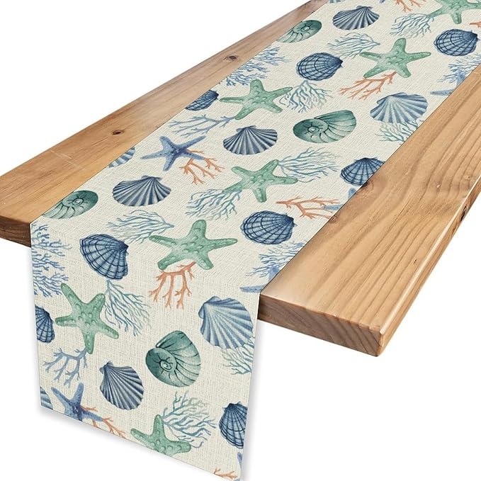 Nautical Table Runner, Summer Sea Coastal Starfish Seashells Coral Tropical Ocean Beach Blue Farmhouse Coffee Table Center Decor for Home Kitchen Dining Patio Indoor Outdoor Table Decorations, 13"x90"