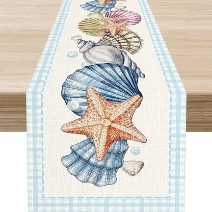 Summer Starfish Table Runner, Blue Check Sea Coastal Seashell Beach Nautical Starfish Ocean Table Runner Seasonal Holiday Home Kitchen Dining Table for Home Party Decor 13"x72"
