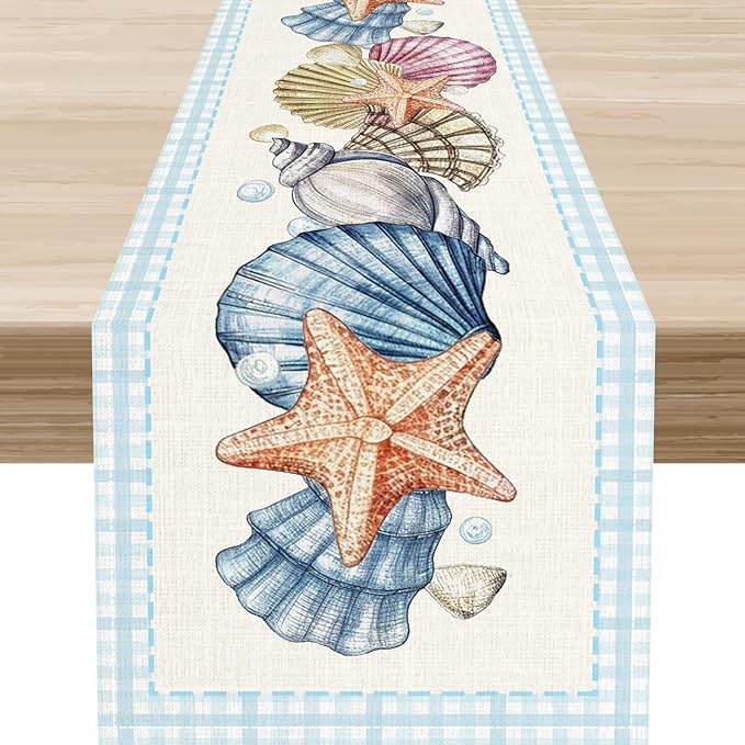 Summer Starfish Table Runner, Blue Check Sea Coastal Seashell Beach Nautical Starfish Ocean Table Runner Seasonal Holiday Home Kitchen Dining Table for Home Party Decor 13"x108"