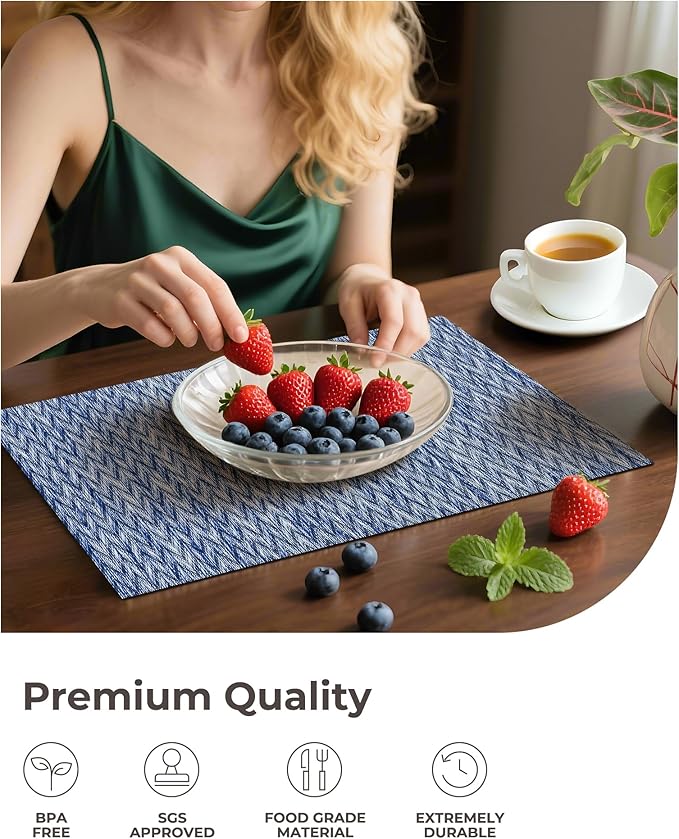 Leetaltree Blue Placemats Set of 12 - Heat Resistant Non-Slip Place mats for Dining Table, Washable Durable PVC Vinyl Woven Table Mats（Blue Zigzag, 12）