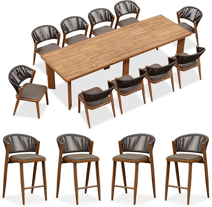PURPLE LEAF 11-Piece Patio Dining Set Outdoor Furniture Rectangular Table and Chairs Set with Aluminum Frame and Teak-Finish for Garden Deck Backyard Kitchen Deep Teak Outdoor Set with Counter Stools