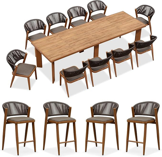 PURPLE LEAF 11-Piece Patio Dining Set Outdoor Furniture Rectangular Table and Chairs Set with Aluminum Frame and Teak-Finish for Garden Deck Backyard Kitchen Deep Teak Outdoor Set with Counter Stools