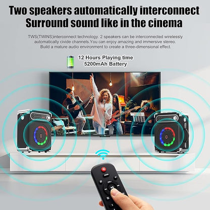 JYX Karaoke Machine with Two Wireless Microphones, Portable Bluetooth Speaker with Bass/Treble Adjustment, PA System with Remote Control, LED Lights,Supports TF Card/USB, AUX IN, FM, REC,TWS for Party